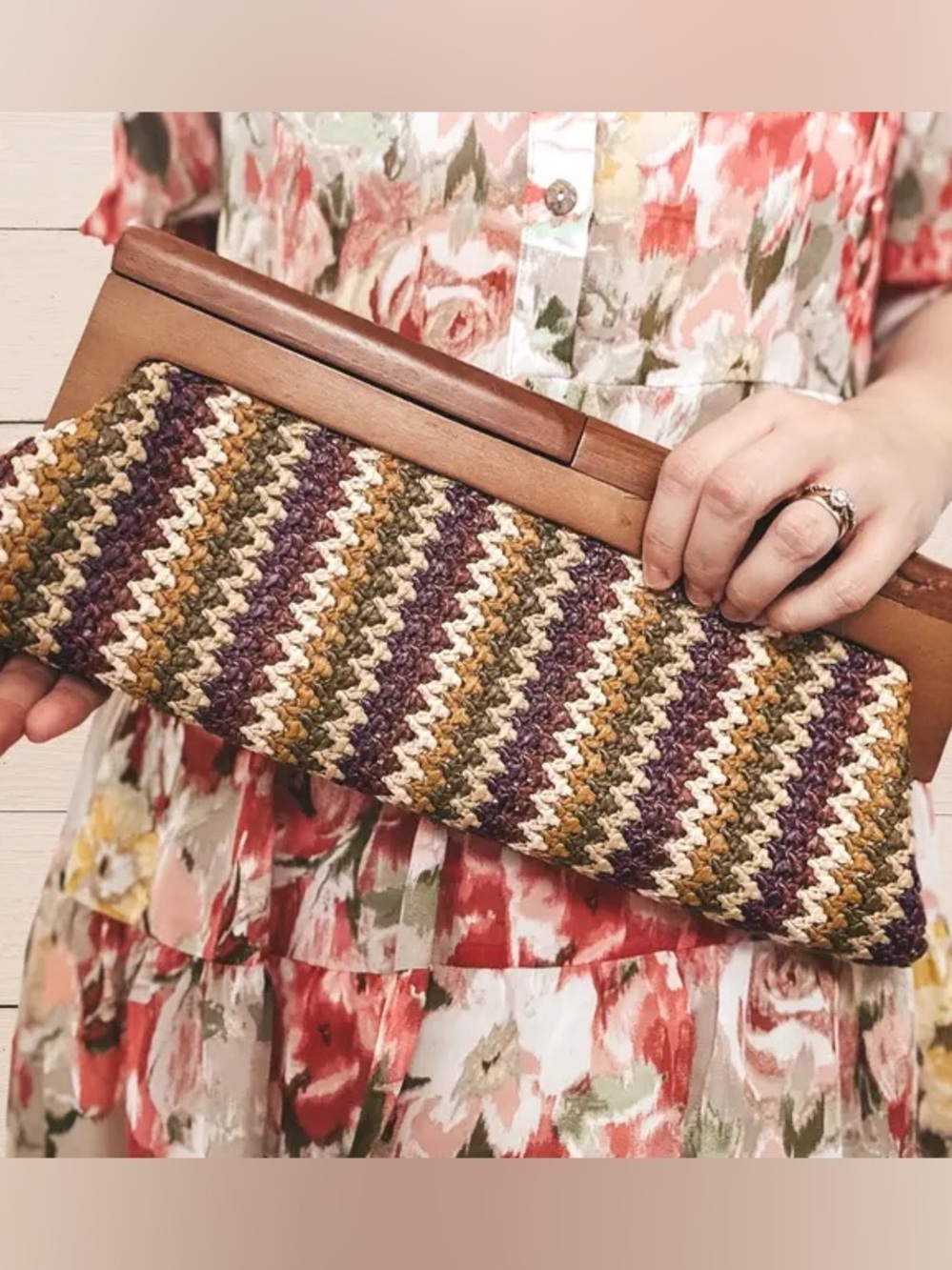 Woven Stripe Crochet Clutch in Mustard, Olive & Plum